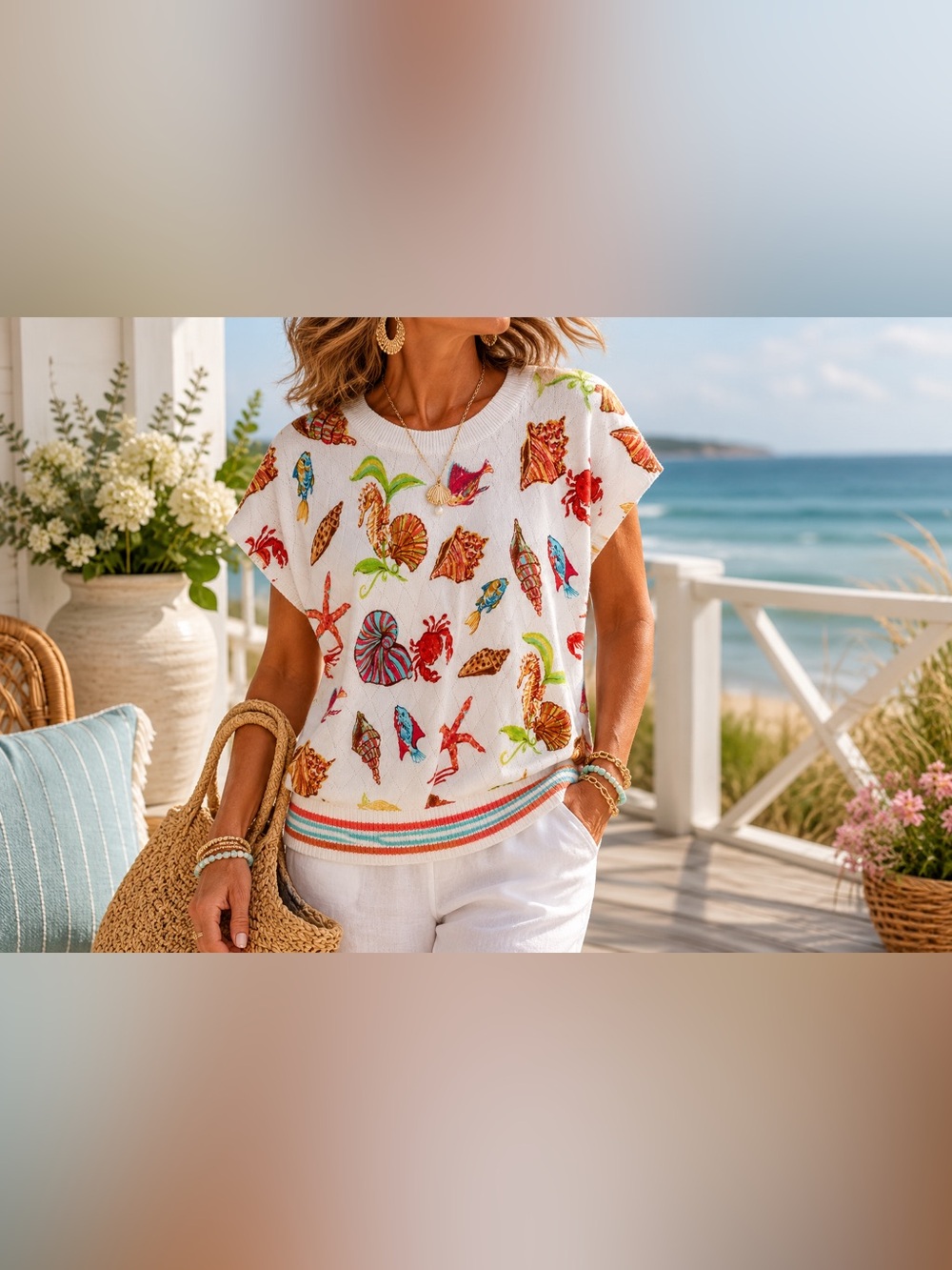 NWT Talbots Plus 1X Coastal Seahorse Shell Print Sweater Top Nautical Beach